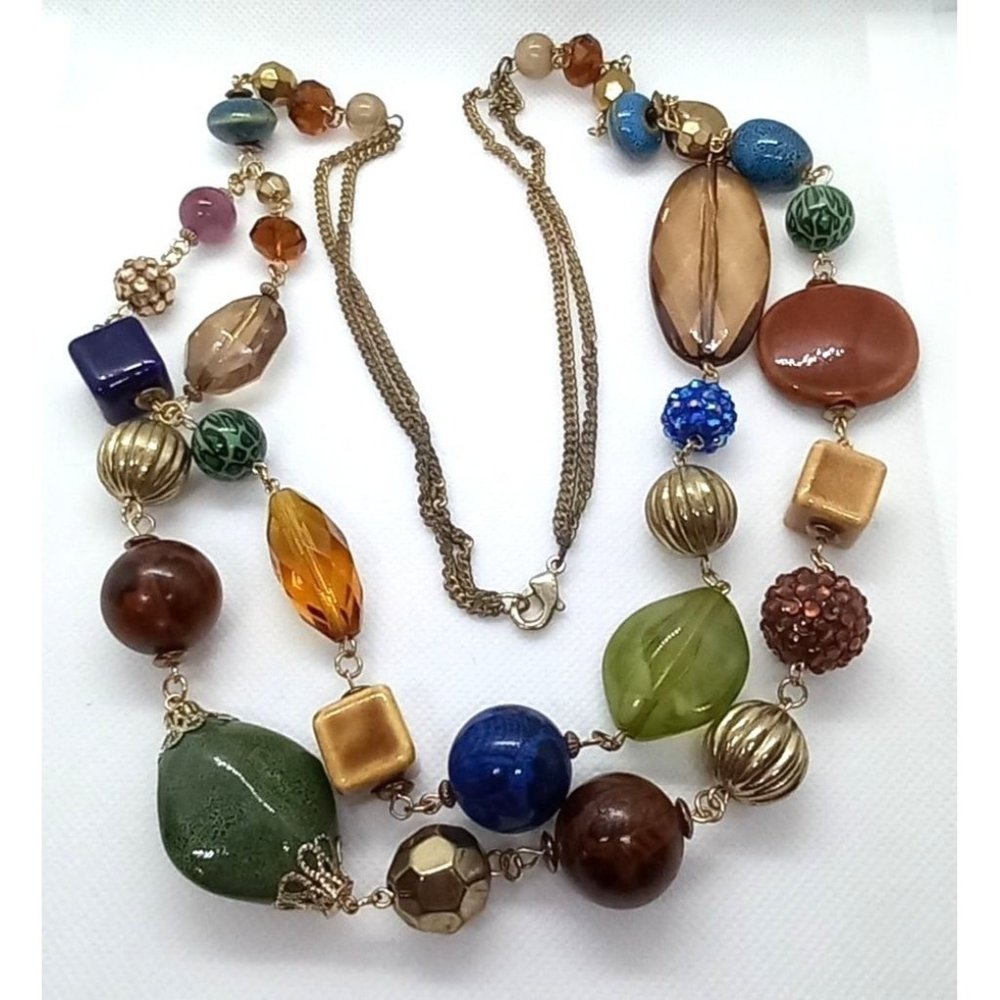 Chunky Multi Gemstone Beads Mixed Texture Two Strand Gold Tone Necklace 34"‎